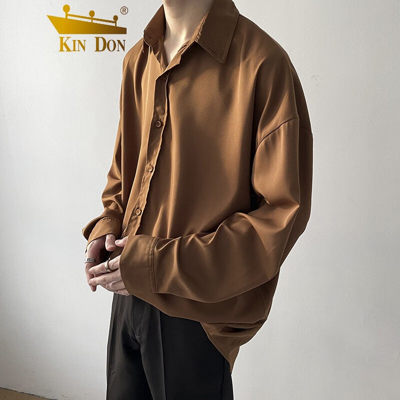 男休闲春秋长袖衬衫男宽松内搭衬衣韩版百搭痞帅纯色上衣服外 深棕色