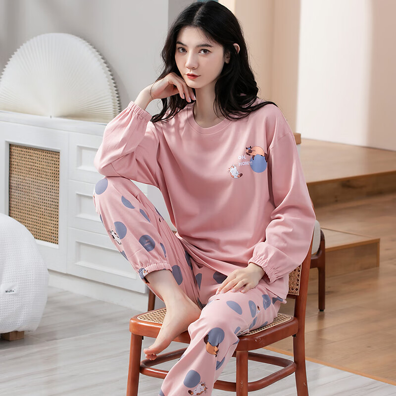 粒可外穿睡衣女纯棉长袖青年女士秋冬可出门家居服休闲套装秋 粉红色