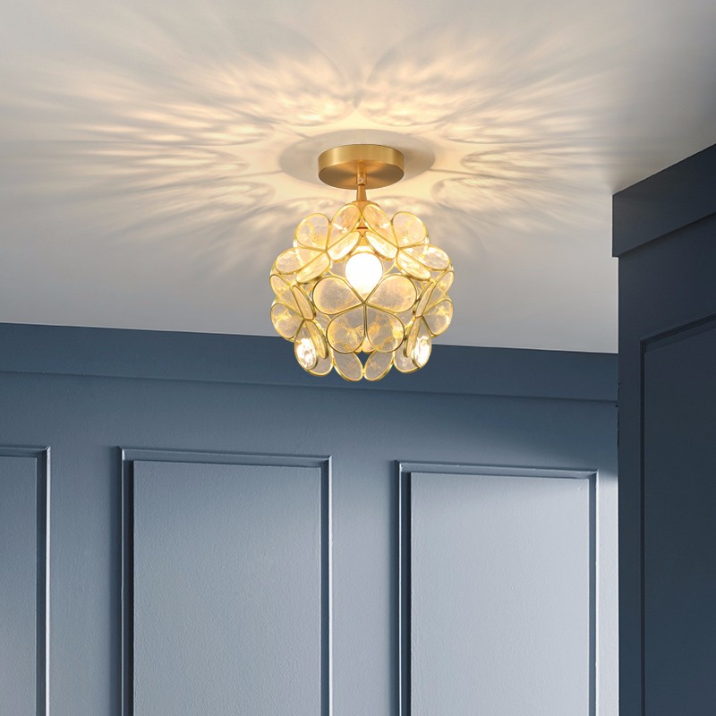 敏朗铜玻璃小型吸顶灯 后现代轻奢小卧房房间顶灯  玄关过道led花瓣灯