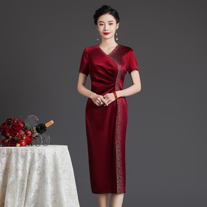 艾诗甜婚礼妈妈装高档礼服大气婚宴装秋装结婚礼服中年妈妈酒红改良