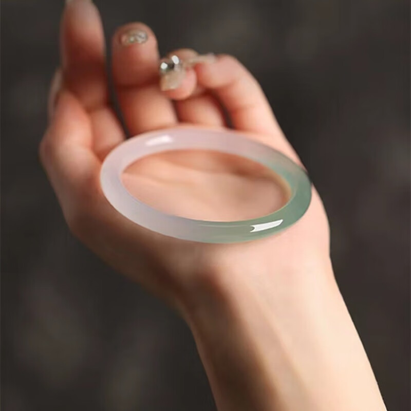 俏玉石 冰种半山半水玛瑙手镯女款油青渐变远山黛圆条美人条正圈玉髓