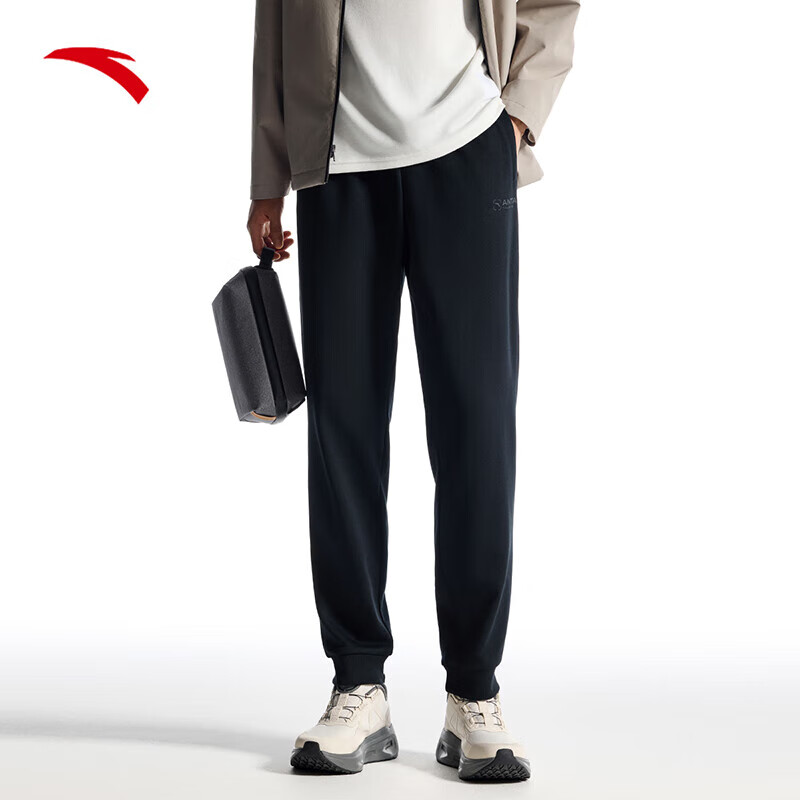 安踏运动裤男士冬季新款束脚卫裤针织裤直筒裤子跑步通勤休闲长裤 基础黑-1 S