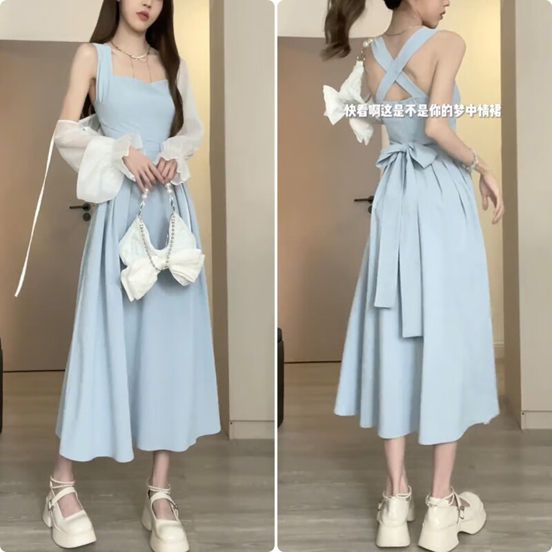 辉客映上2023季交叉绑带吊带裙少女感收腰显瘦连衣裙 蓝色 s
