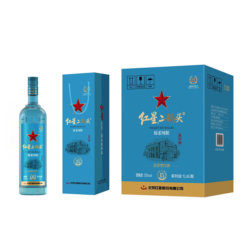 红星二锅头白酒 蓝铂金 清香型白酒53度源昇號 纯粮固态发酵中秋送礼 53度 1L 6瓶 整箱