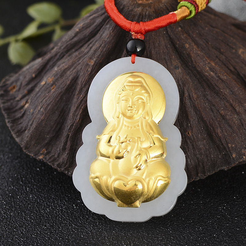 可颖和田玉金镶玉观音菩萨弥勒佛笑佛欢喜佛吊坠足金厚金真金真玉