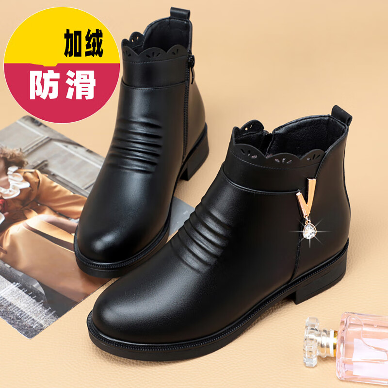 老人头品牌女鞋真牛皮中老年妈妈鞋棉鞋女鞋平底皮鞋防滑短靴加绒靴子
