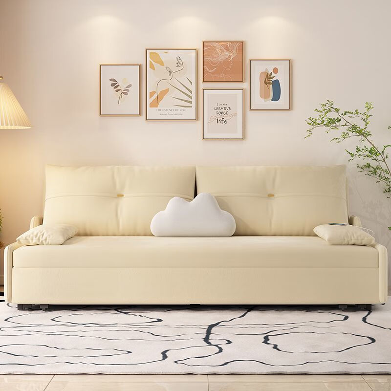 金木槿沙发奶油风沙发床两用一体抽拉式简易折叠床小户型可以多功能沙发 0618-02 奶黄色 外径1.66米海绵款【带储物】