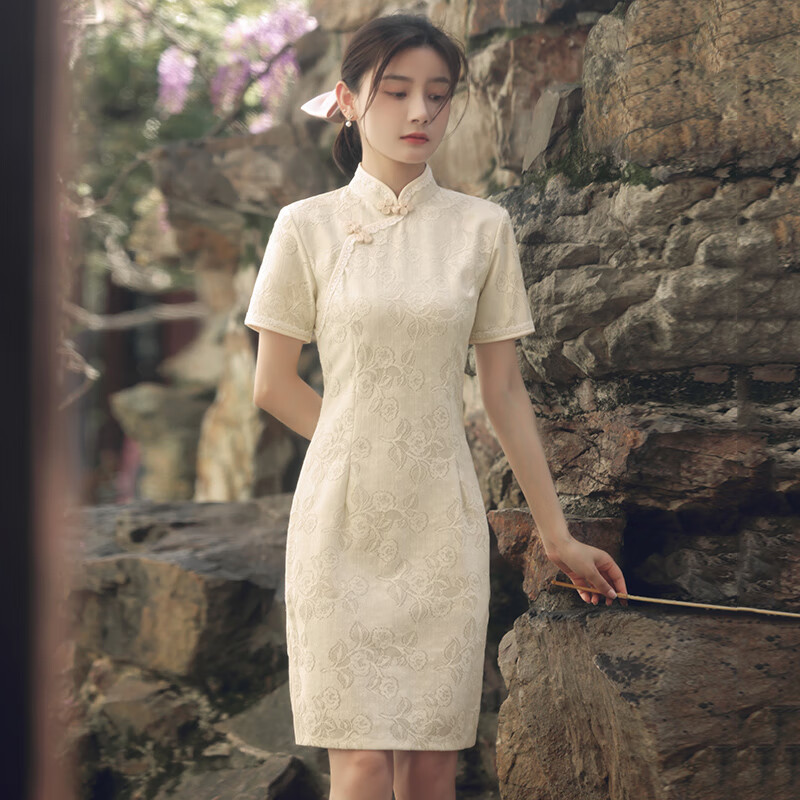 艾方鸟夏天改良旗袍中国风小个子少女复古国民风日常蕾丝连衣裙 杏色