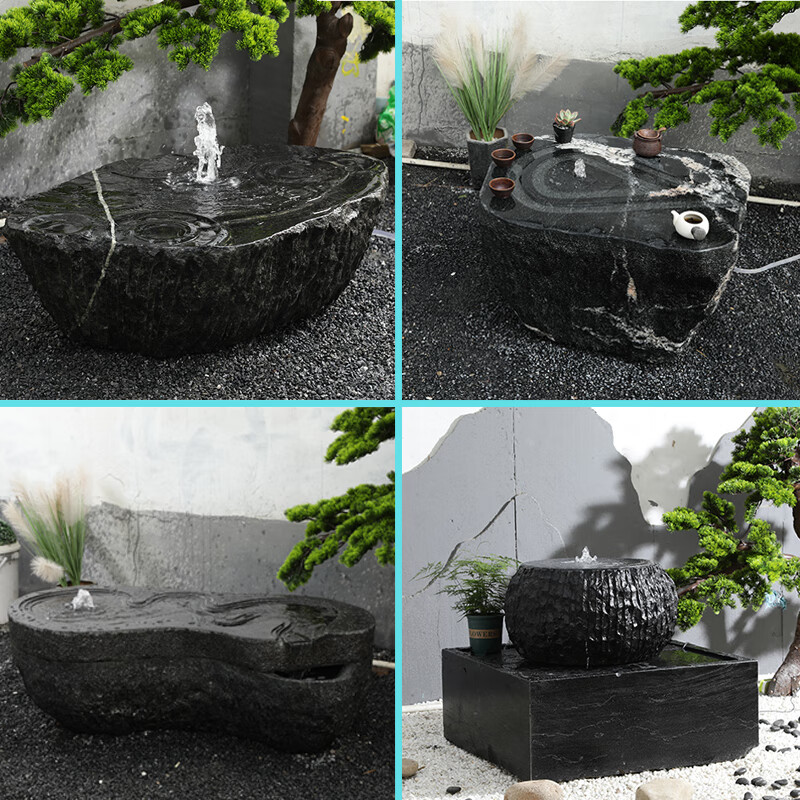 短云天然黑山石水钵喷泉石钵户外造景室内石雕流水摆件水盆涌泉景观石