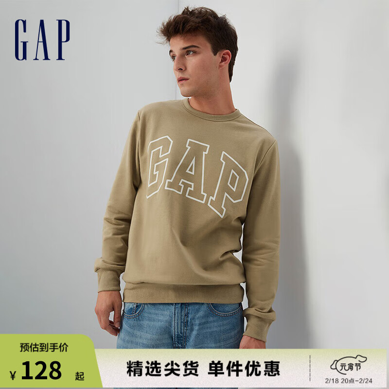 Gap男女装秋冬2023新款LOGO圆领抓绒保暖卫衣427434加厚上衣 卡其色 180/96A(M)