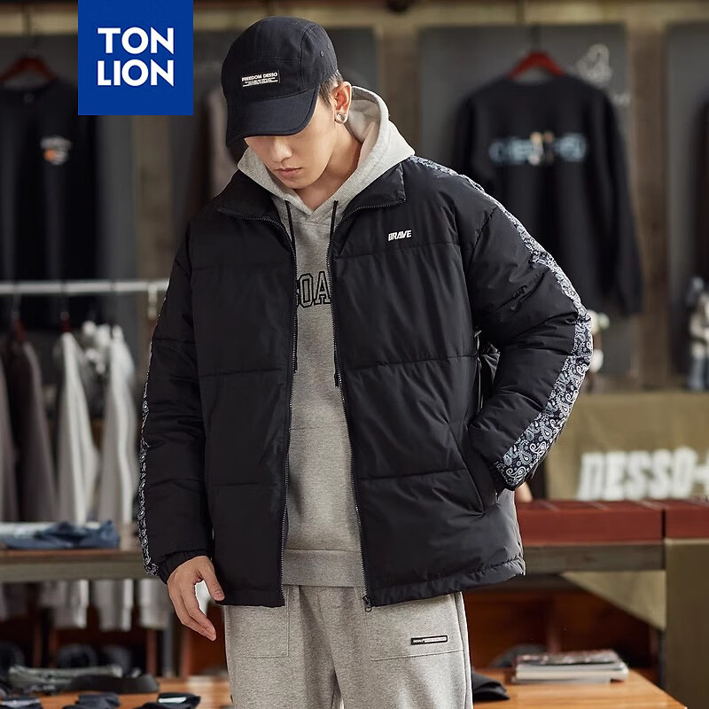 唐狮冬季新款男立领棉衣加厚保暖外套腰果花拼块时髦英伦风棉服面包服 黑色 XL