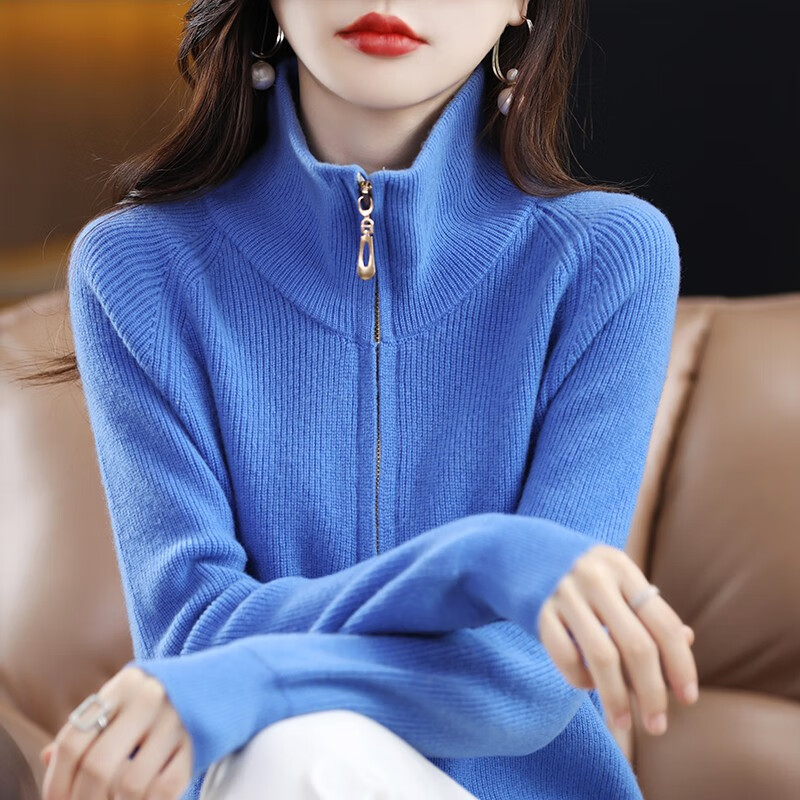 秋冬新款针织衫女半开拉链翻领套头宽松百搭气质显瘦毛衣女潮 雪蓝色
