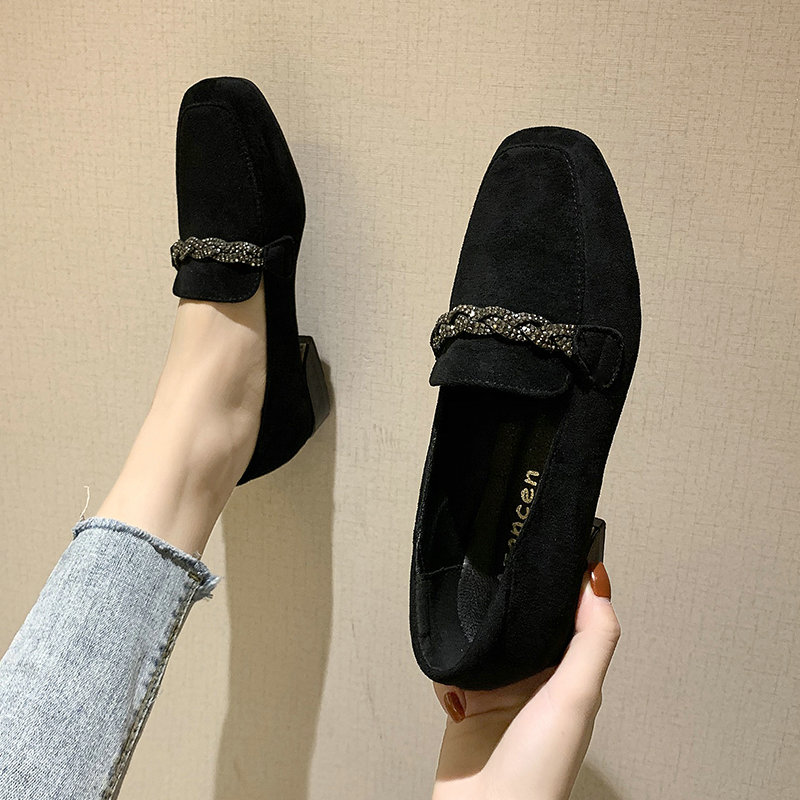 翻毛皮鞋女秋鞋磨砂皮鞋女中跟英倫風小單鞋絨面平跟鞋大碼41-42毛毛鞋子 黑色 35