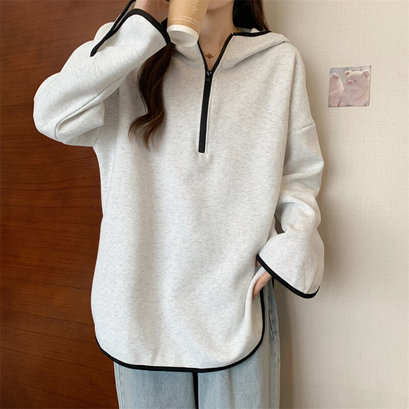 trtj秋天女生中长款卫衣女遮臀搭配鲨鱼裤女士衣服连帽外套女新款 花