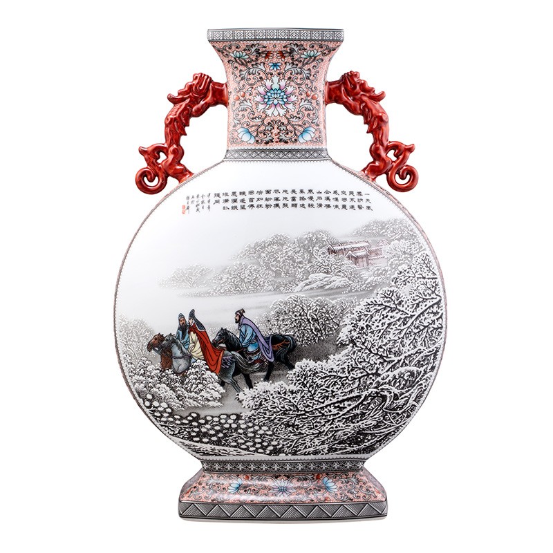 鑫汇融创张松茂老师《三顾茅庐》双龙抱月瓶陶瓷花瓶瓷器摆件