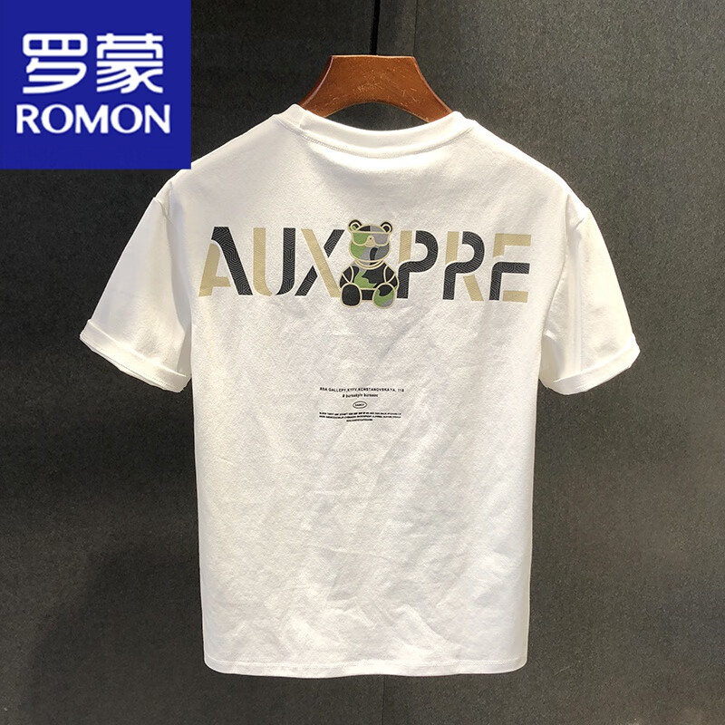 罗蒙（ROMON）2026夏季新款短袖t恤男士宽松潮流潮牌印花圆领时尚休闲上衣男装 白色 XL 135-150斤穿