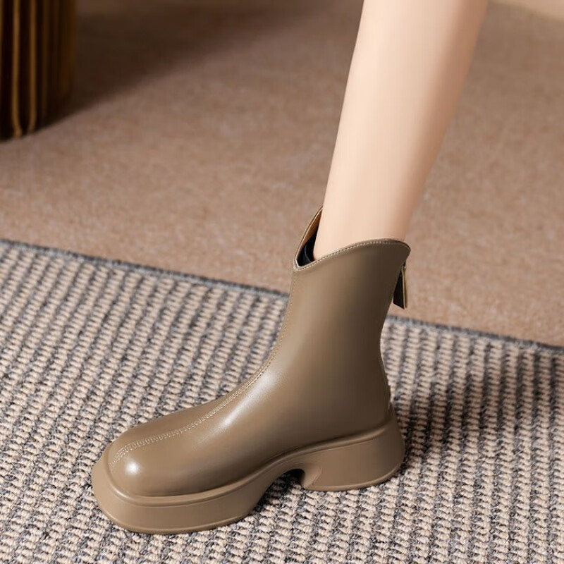 法式小短靴及踝靴冬2022秋季单靴女网红百搭厚底显瘦小个子马丁靴 卡其色 37