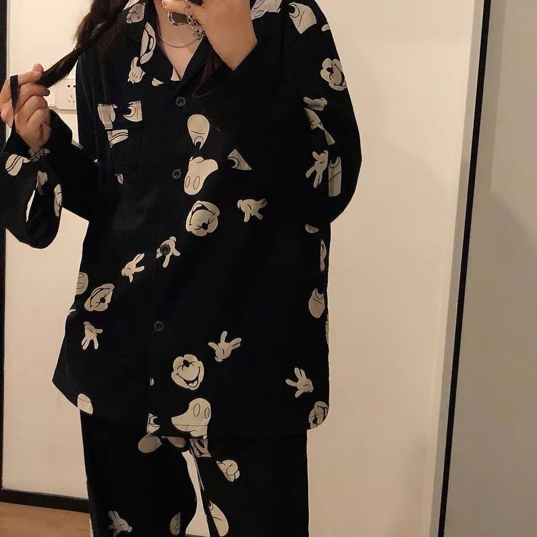 等歌ins黑色米奇睡衣女春秋季韩国网红卡通长袖女学生春款家居服套装