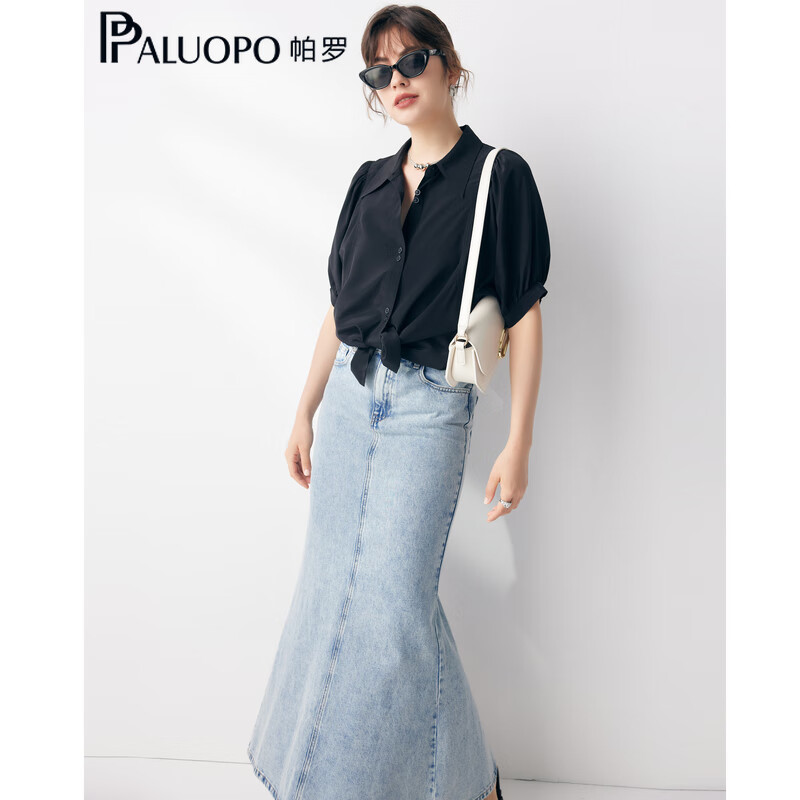 帕罗（PALUOPO）【慵懒气质】夏季季真丝衬衫领质感纯色泡泡袖桑蚕丝女士上装衬衣 黑 M (160/84A)