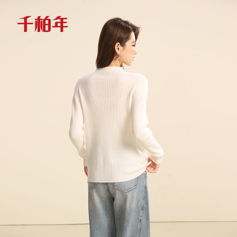 千柏年冬季新款打底针织衫潮流半高领女纯羊毛衫新年穿搭柔软保暖毛衣 白色 L 105-115斤