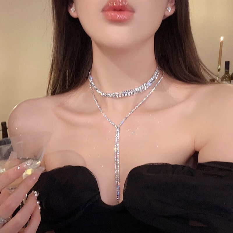 晚宴项链流苏多层叠戴胸链身体链性感颈链饰品轻奢小众礼服锁骨链 闪钻流苏项链(A3354)