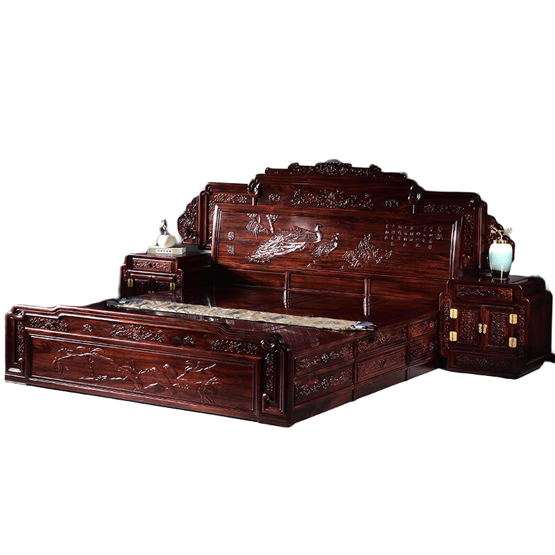 木中央 紅木家具印尼黑酸枝學名:闊葉黃檀床 中式全實木大床主臥室雙人婚床1.8米雕花鳥 1.8米床+2床頭柜