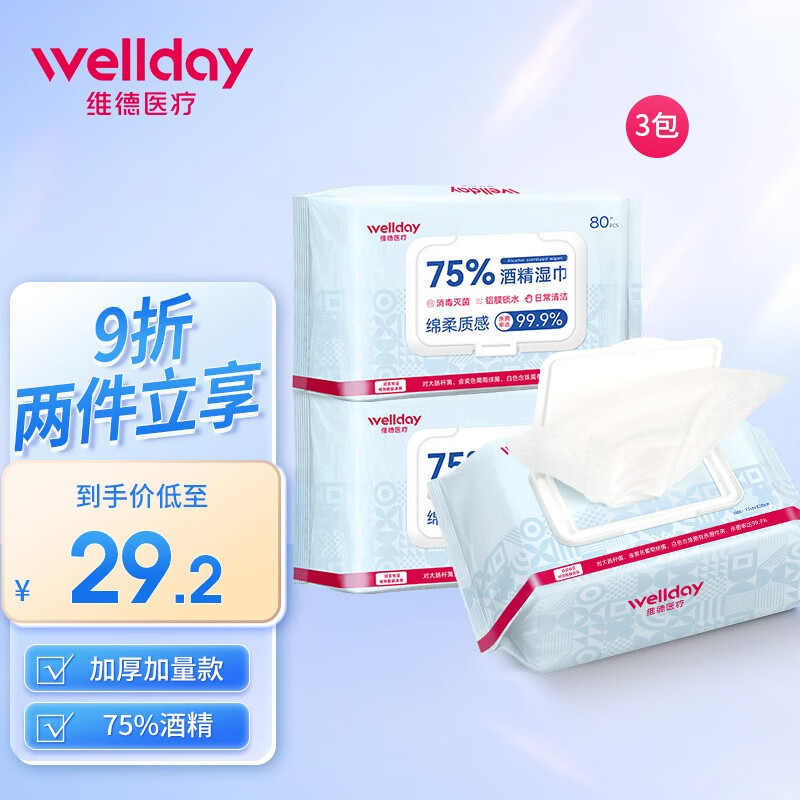 维德（WELLDAY）75%酒精湿巾消毒湿巾大包酒精棉片加大加厚酒精消毒湿纸巾杀菌80抽/包 【升级加大加厚款】酒精湿巾80抽*3包