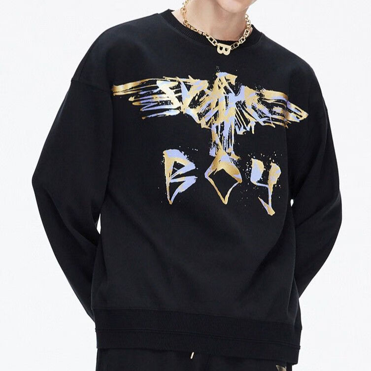 boy秋季新款拼色老鹰印花宽松圆领卫衣男女0502 黑色 欧码偏大 xs 165