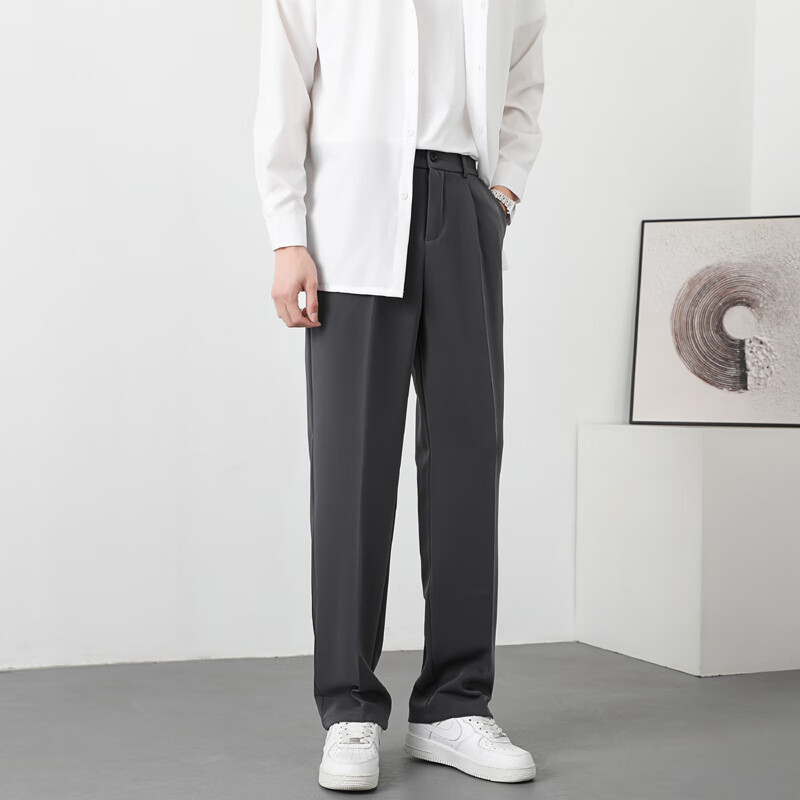 PBOA加绒宽松西裤男学生垂感松紧腰秋冬厚款商务休闲直筒阔腿长西装裤 深灰加绒【长裤】 L (建议120-135斤)