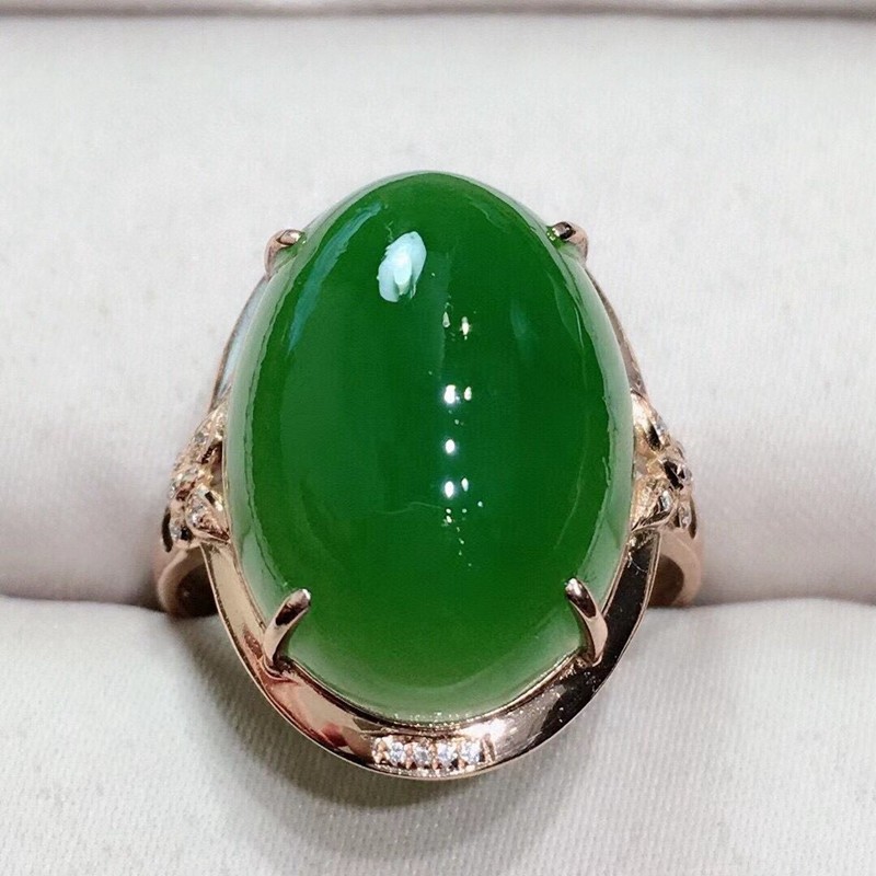 俊辰珠宝天然18k金苹果绿蛋面碧玉戒指 翡翠艳丽色晶体通透精致漂亮