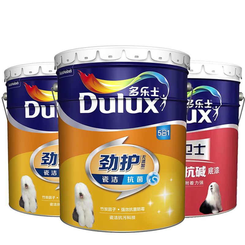 多樂士（Dulux）勁護無添加竹炭瓷潔抗菌5合1內墻乳膠漆家用A8145抗污防霉墻面漆 套裝 54L*1件 ：18L面漆x2+18L底漆
