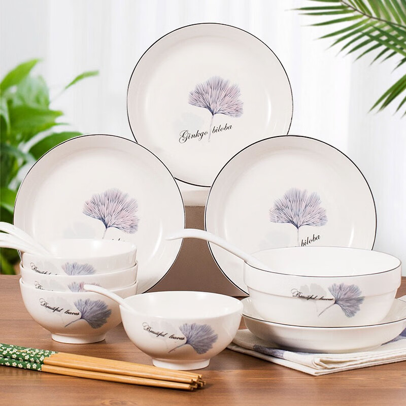 千扶里 餐具碗碟套装筷子盘子18件简约家用日式陶瓷碗具 18件银杏叶日式碗