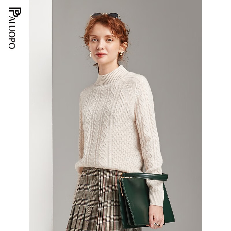 帕罗100%山羊绒衫女士半高领绞花毛衣宽松外穿冬季新款针织上衣 ET20067R 古董白 110