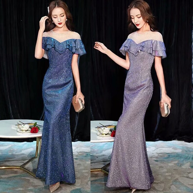 妙微熊星空渐变鱼尾晚礼服裙女2020新款梦幻宴会气质主持一字肩长款