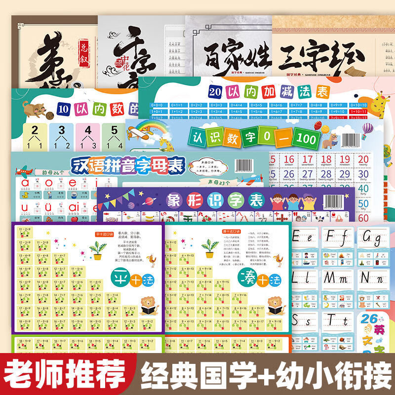 千字文弟子规三字经拼音版海报百家姓墙贴全文注小学儿童识字挂图 【12张全套】经典国学+幼小衔接挂图 覆膜加大版【53*78cm】送双面胶