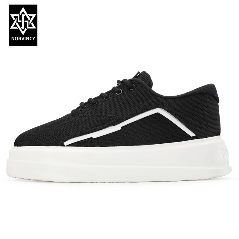 诺凡希 休闲鞋男增高网面透气夏季软底飞织平板鞋 黑白 35