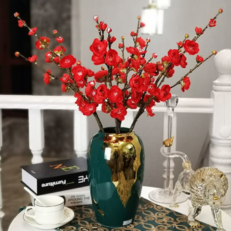 萦娪干枝梅腊梅仿真花卉假花装饰客厅塑料花装饰品摆件花盆 4支红色不