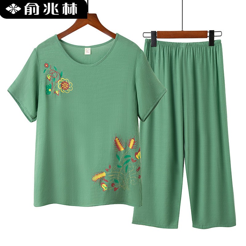 俞兆林新款妈妈睡衣女夏季短袖两件套装夏天薄款奶奶装家居服可外穿 MS021墨绿色（裤子是七分的） 4XL(建议135-155斤)