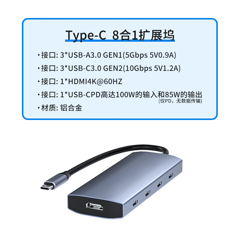 中性監(jiān)控type-c拓展塢八合一集線器USB3.2HUB分線器多功能轉(zhuǎn)換器1 八合一擴(kuò)展塢