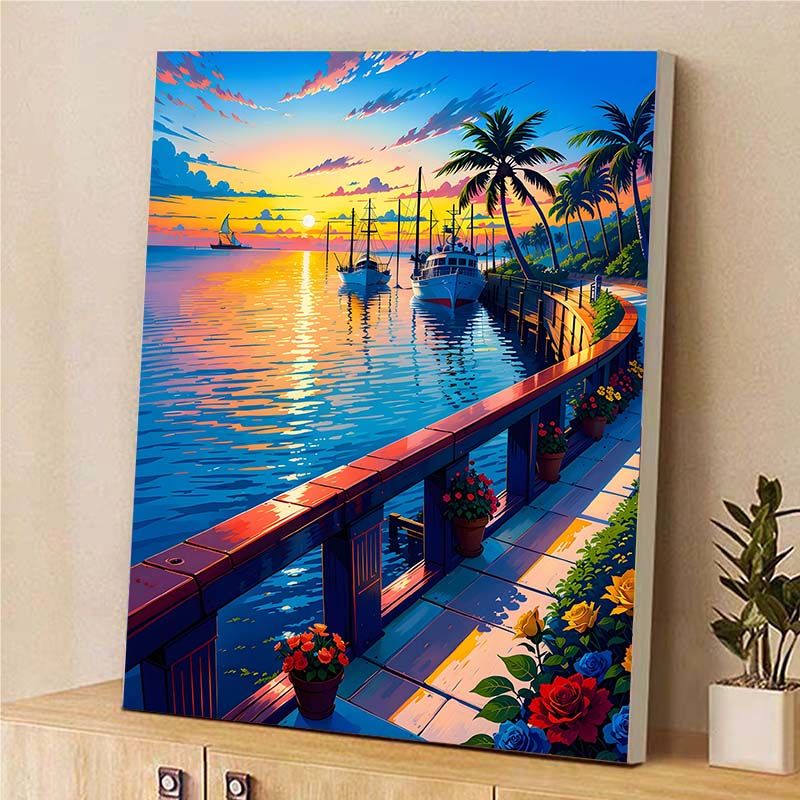 婕茵桐海滩愈日落数字油画diy填色填充手工手绘卡通感油彩画休闲 msh