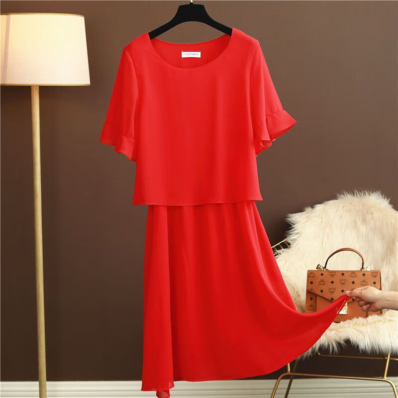 夏天衣服宽松大码胖mm大码雪纺夏季新款假俩件收腰圆领 红色 l胸围98