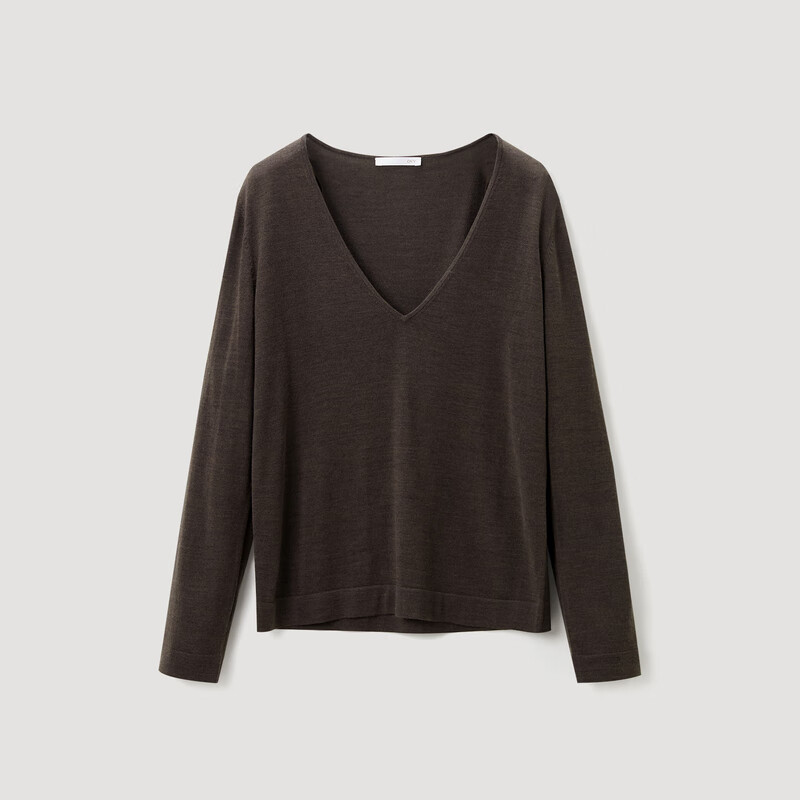 OVV【可机洗黄金羊毛】2023秋冬新款女装简约深V领长袖针织衫 深咖(净色)A6 L