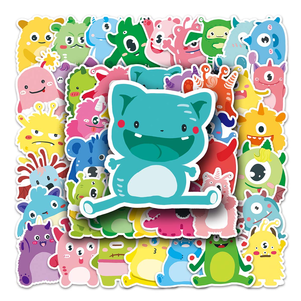 50张多彩卡通怪兽小贴纸可爱 咕卡素材电瓶车头盔滑板相册笔记本电脑