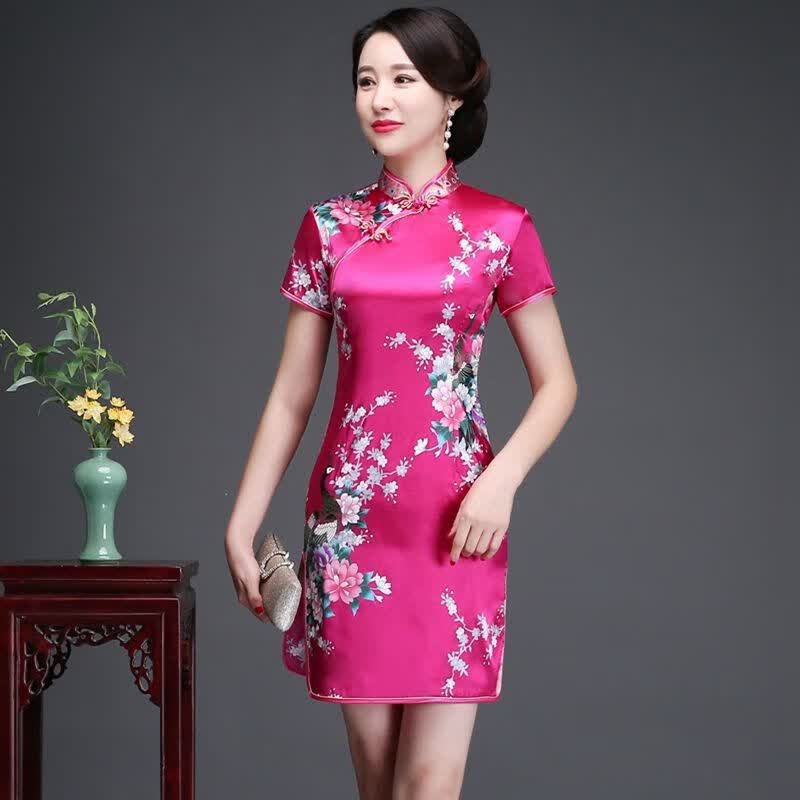 大唐喜乐牛旗袍夏季2023新款走秀日常改良短款旗袍女连衣裙修身旗袍 短旗袍 短袖孔雀玫红 2XL高性价比高么？