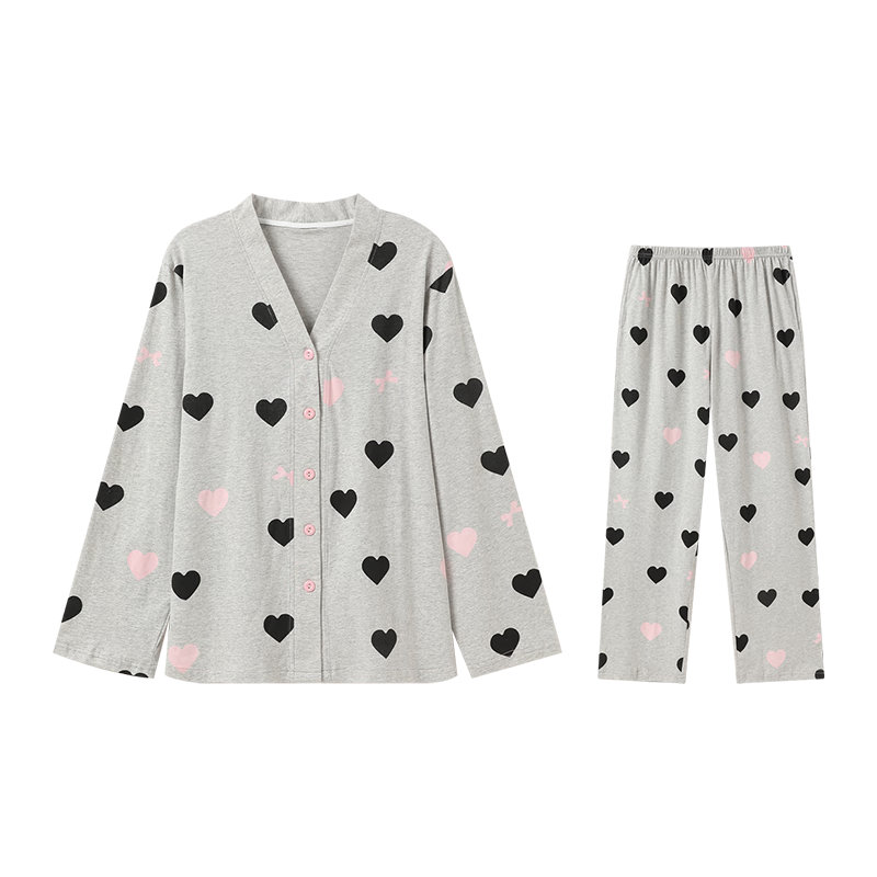 芬腾睡衣女【100%棉可外穿】开衫V领少女长袖女家居服套装 灰色 L