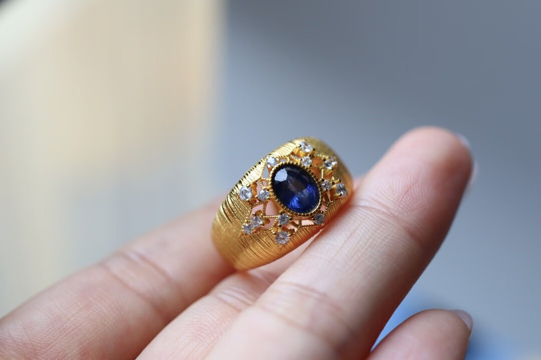 今传福天然蓝宝石戒指女 意大利皇家复古意大利手工拉丝工艺999宽版