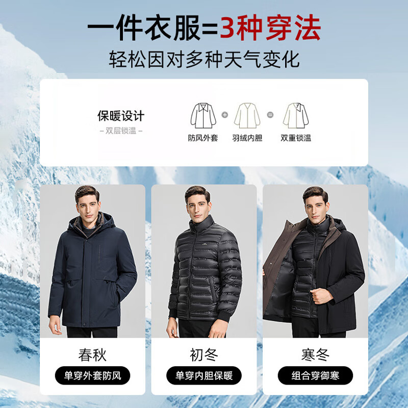 罗蒙（ROMON）【一衣多穿】中长款羽绒服男冬季新款可拆羽绒内胆加厚保暖外套男 7Y014988黑色【升级款】 XL (180) （建议135-150斤）