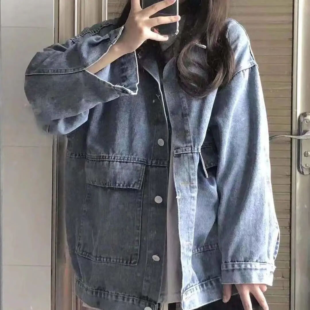 踏丽虹牛仔外套女小个子春秋韩版ins潮流百搭宽松痞帅工装牛仔夹克 浅