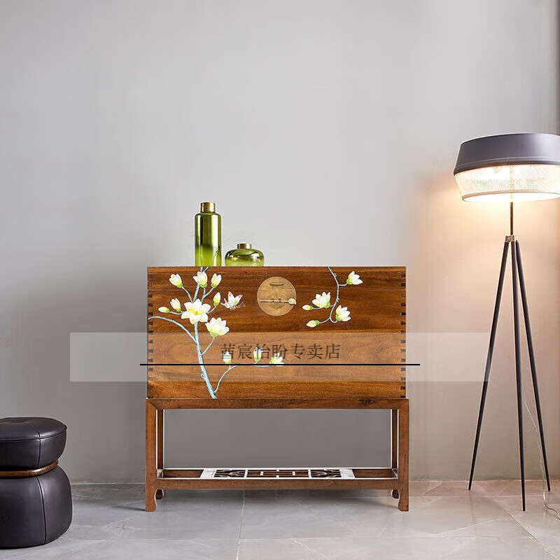 木箱 手绘香樟木箱子婚嫁箱陪嫁全樟木带脚字画箱木箱 咖啡色玉兰花