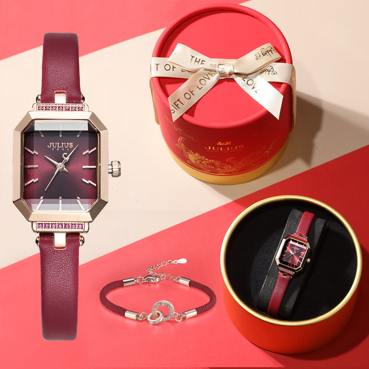 聚利时(julius)韩版复古方形手链表时尚潮流防水石英手表女红色龙年